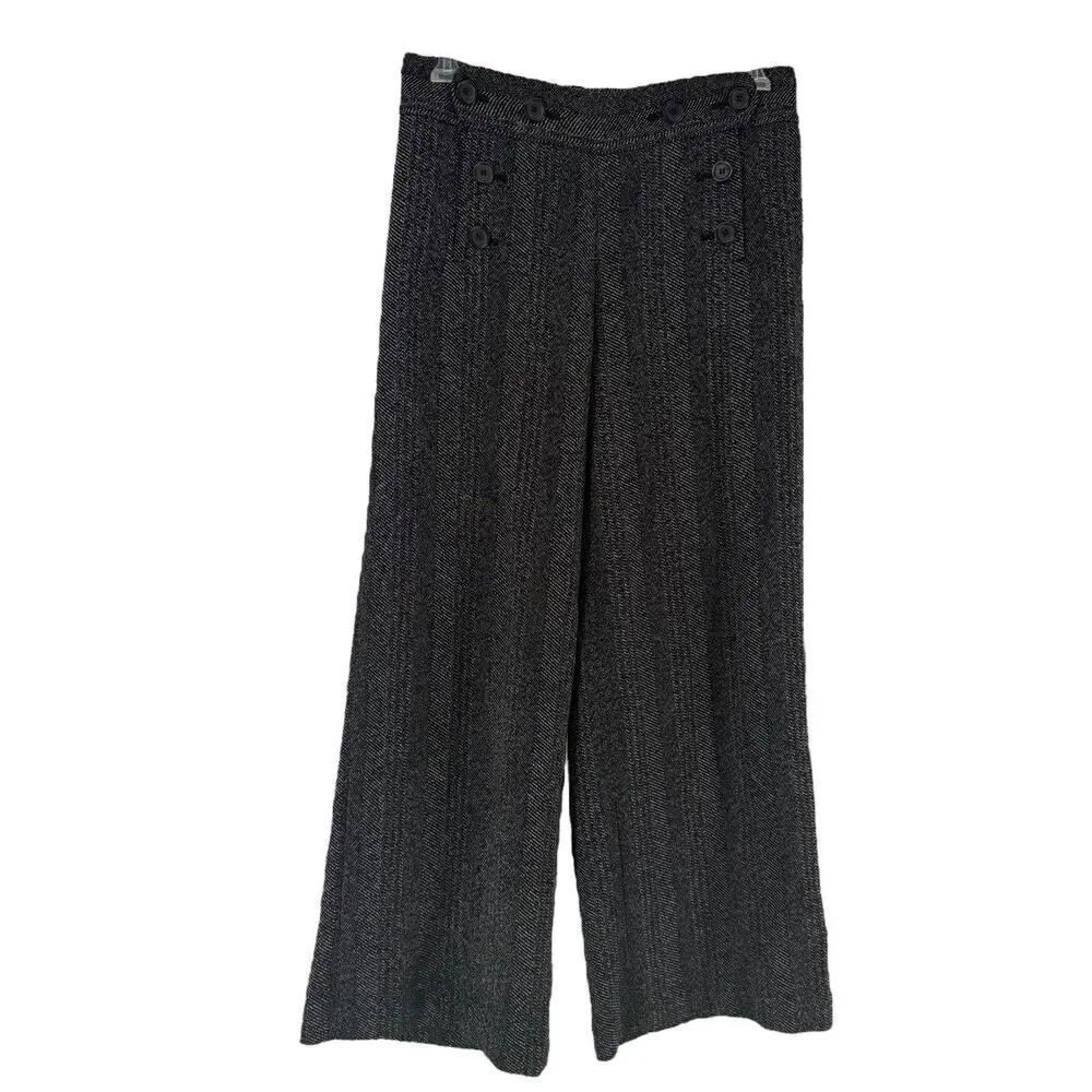 Max Studio Wide Leg Trouser Pants Womens Size 8 Black Sailor Button Career Tweed